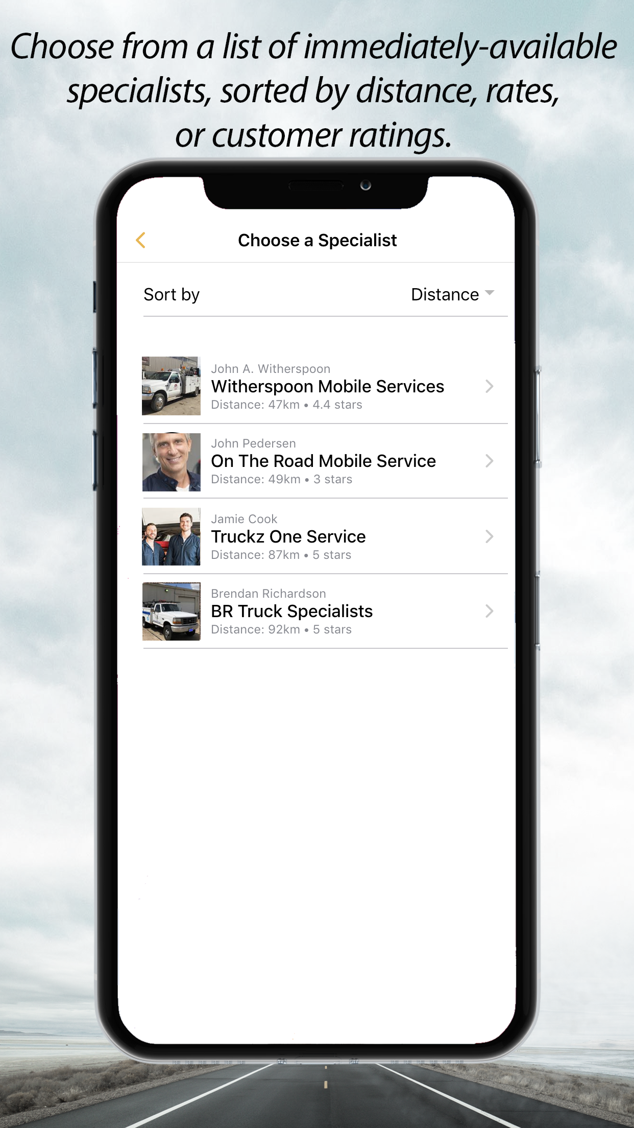 Choosing a mobile repair service truck from a list of repair specialists in the Repair Specialist app